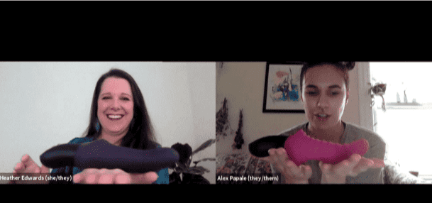 Heather Edwards and Alex Papale with toys that look like they would take off across the floor if they were set down